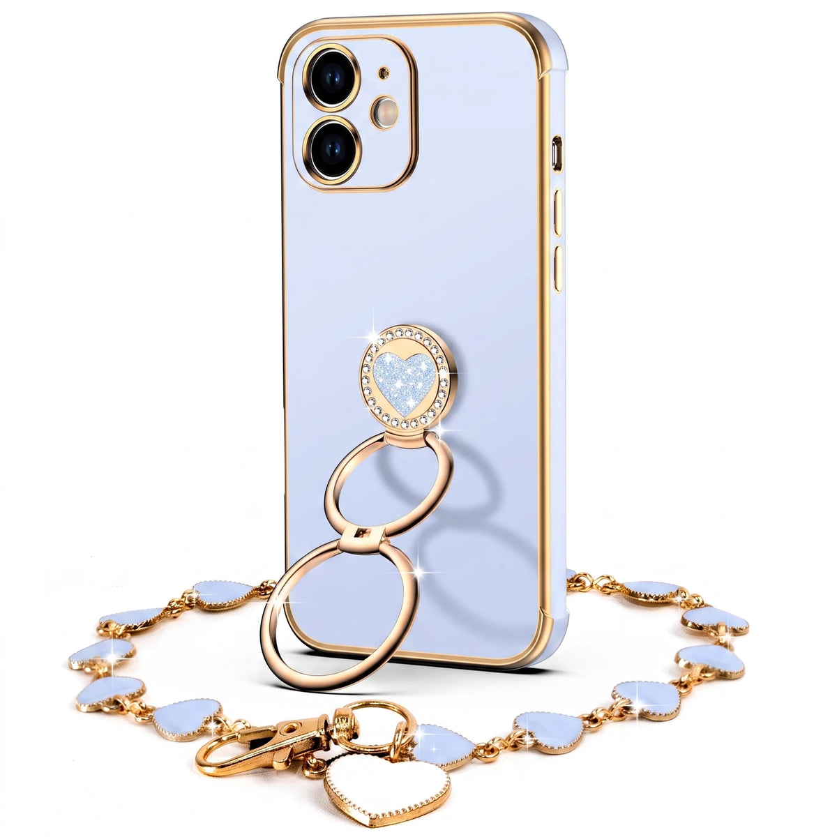 XYZ Classic Chrome Phone Case for iPhone 12 Mini in Blue — glossy chrome finish with heart-shaped double ring stand