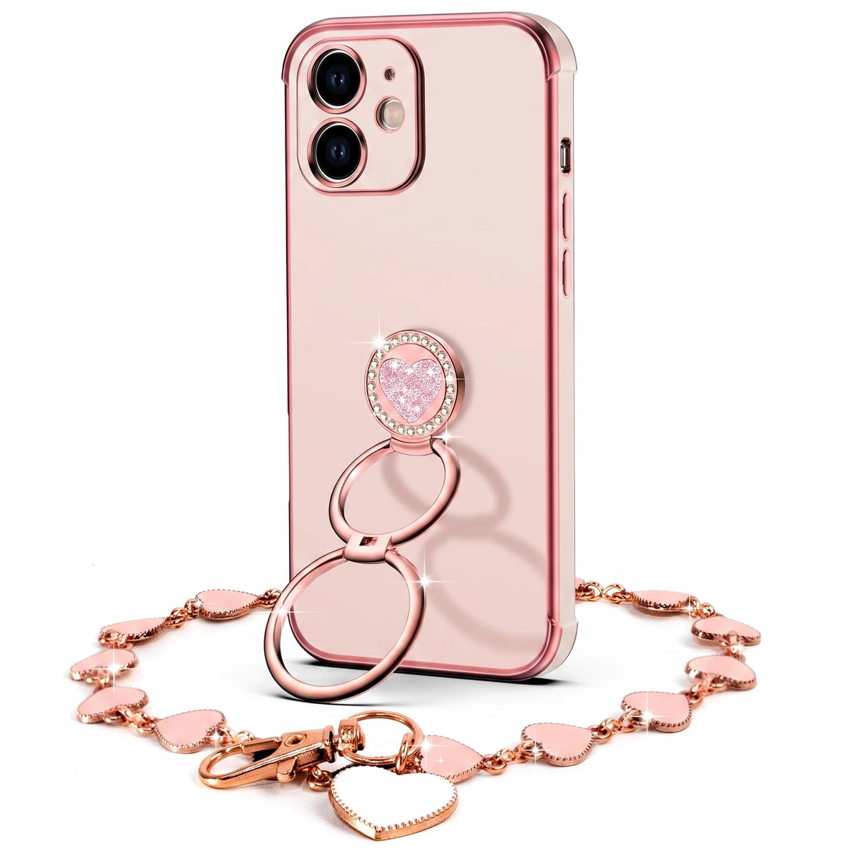 XYZ Classic Chrome Phone Case for iPhone 12 Mini in Pink — glossy chrome finish with heart-shaped double ring stand