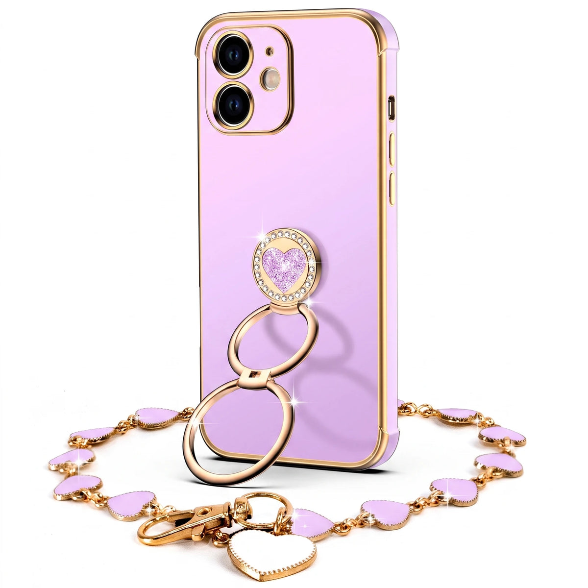 XYZ Classic Chrome Phone Case for iPhone 12 Mini in Purple — glossy chrome finish with heart-shaped double ring stand