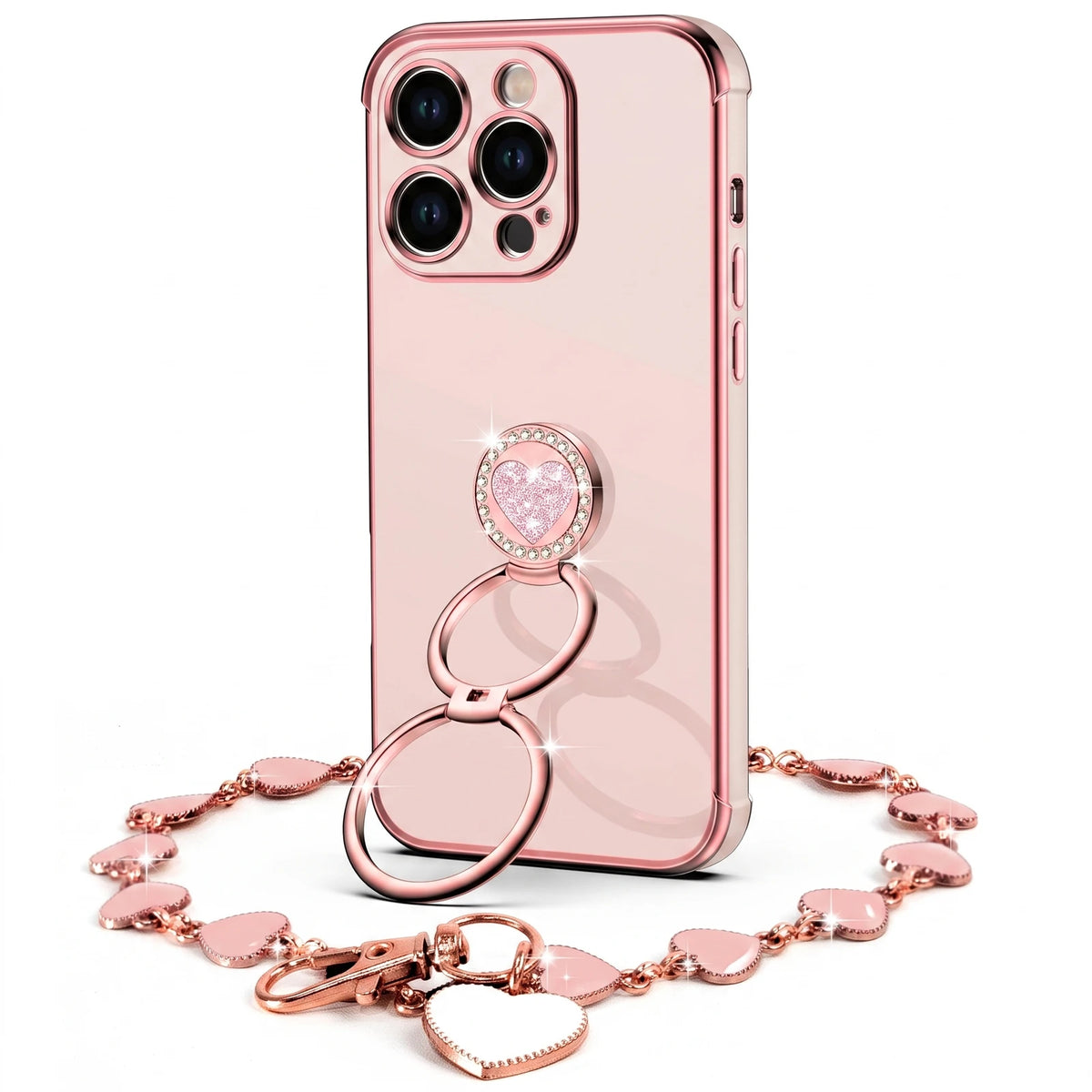 Classic Chrome coquette bling phone case for iPhone 12 Pro Max with heart ring stand and wrist strap
