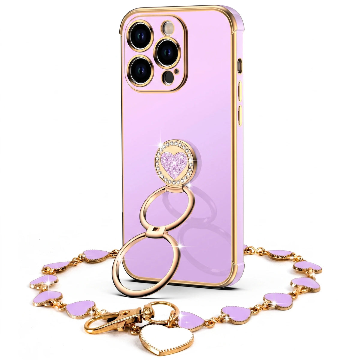 XYZ Classic Chrome Phone Case for iPhone 12 Pro Max in Purple — glossy chrome finish with heart-shaped double ring stand