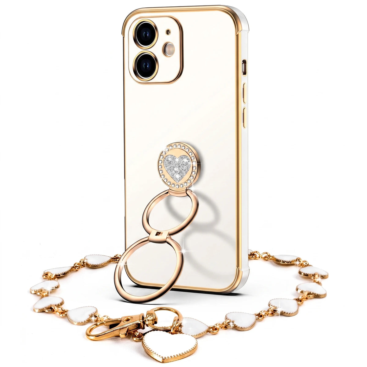 XYZ Classic Chrome Phone Case for iPhone 12 in White — glossy chrome finish with heart-shaped double ring stand