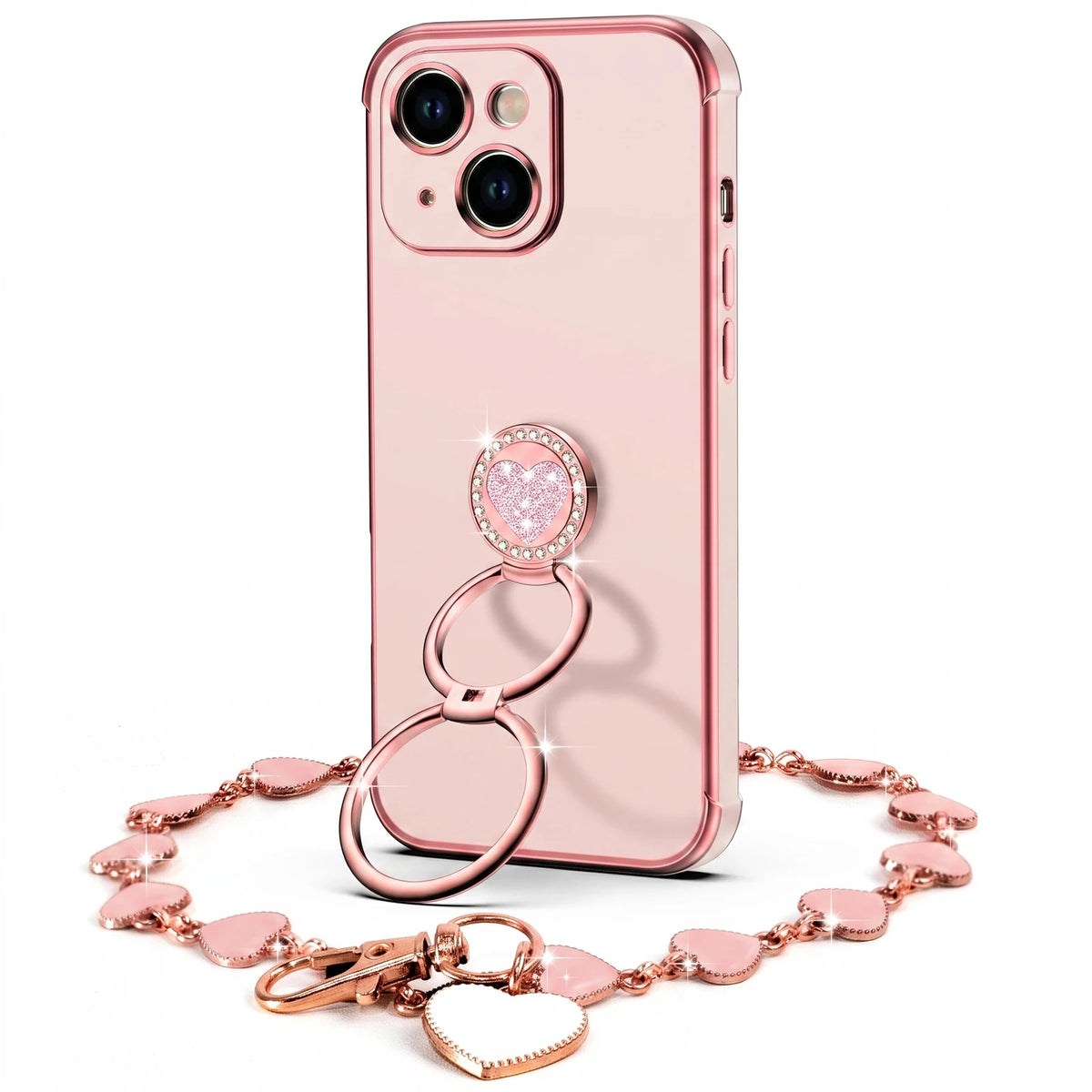 Classic Chrome coquette bling phone case for iPhone 13 with heart ring stand and wrist strap