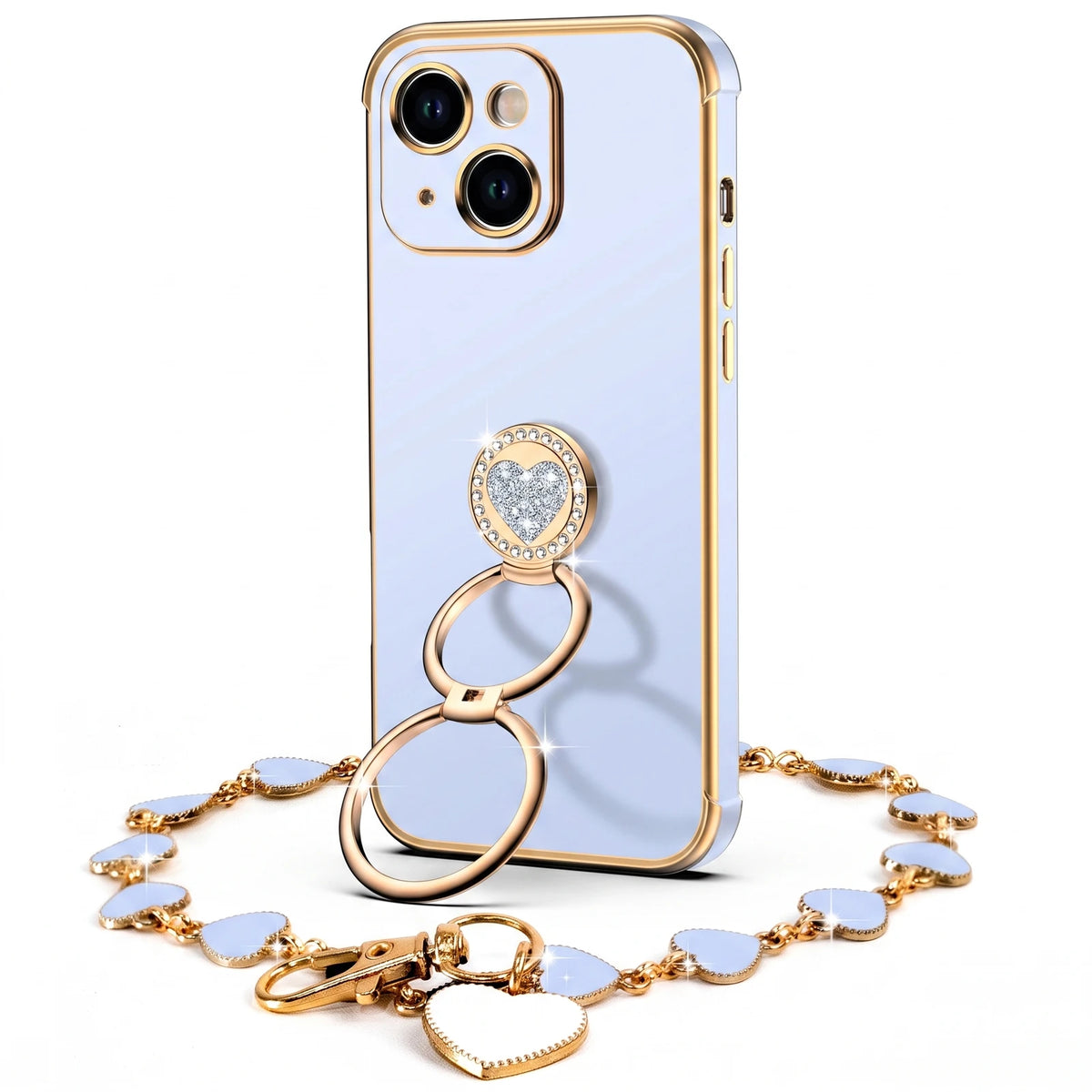 Classic Chrome coquette bling phone case for iPhone 14 Plus with heart ring stand and wrist strap