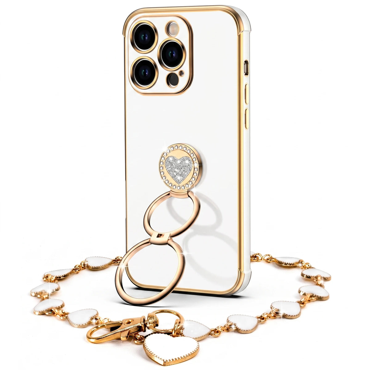 Classic Chrome coquette bling phone case for iPhone 14 Pro Max with heart ring stand and wrist strap