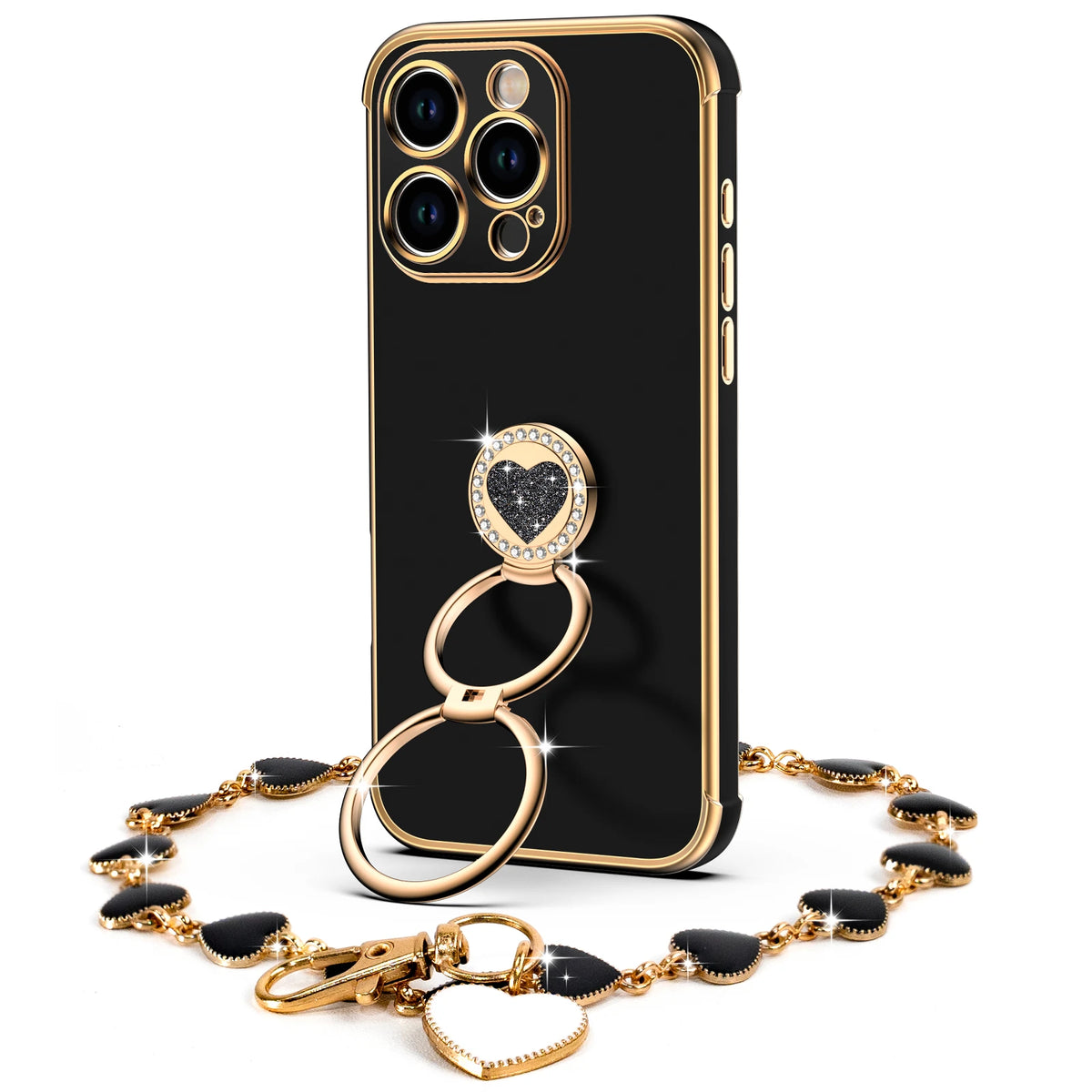 Classic Chrome coquette bling phone case for iPhone 15 Pro with heart ring stand and wrist strap