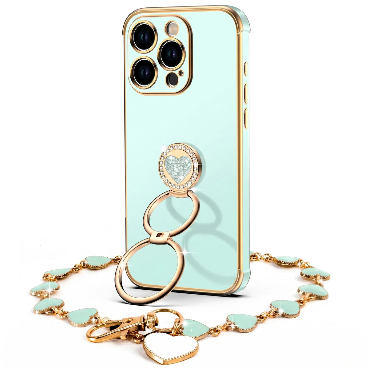 XYZ Classic Chrome Phone Case for iPhone 16 Pro in Green — glossy chrome finish with heart-shaped double ring stand