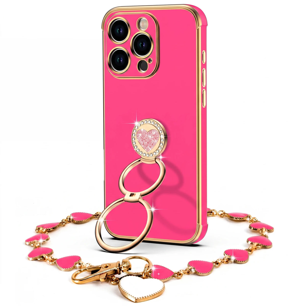 XYZ Classic Chrome Phone Case for iPhone 16 Pro in Hot Pink — glossy chrome finish with heart-shaped double ring stand