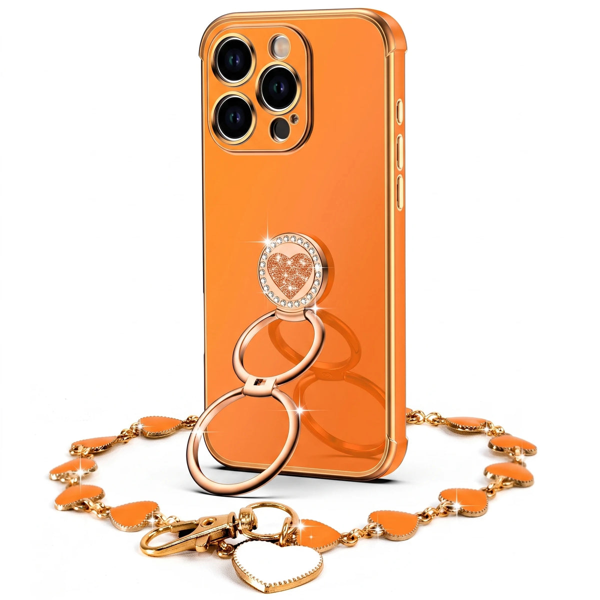XYZ Classic Chrome Phone Case for iPhone 16 Pro in Orange — glossy chrome finish with heart-shaped double ring stand