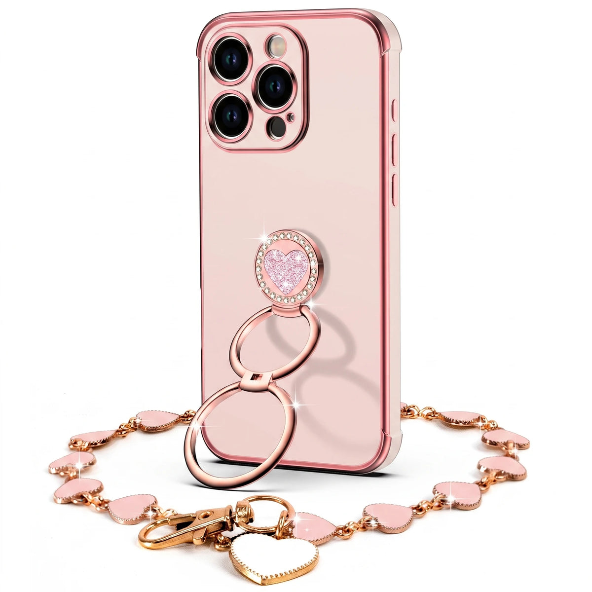 XYZ Classic Chrome Phone Case for iPhone 16 Pro in Pink — glossy chrome finish with heart-shaped double ring stand