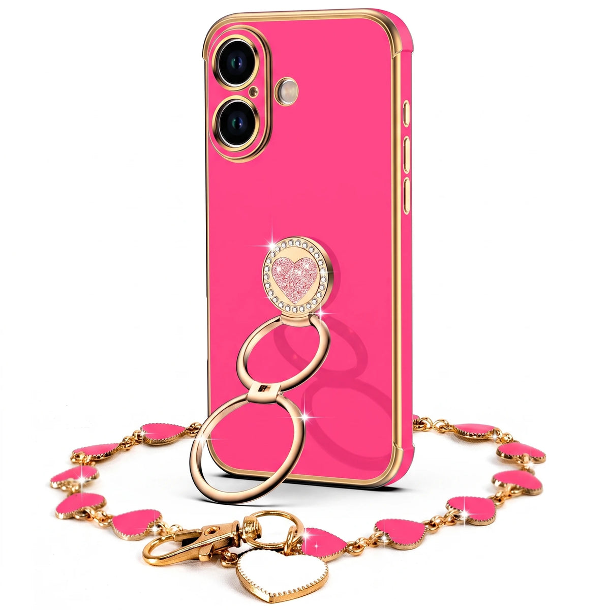 XYZ Classic Chrome Phone Case for iPhone 16 in Hot Pink — glossy chrome finish with heart-shaped double ring stand