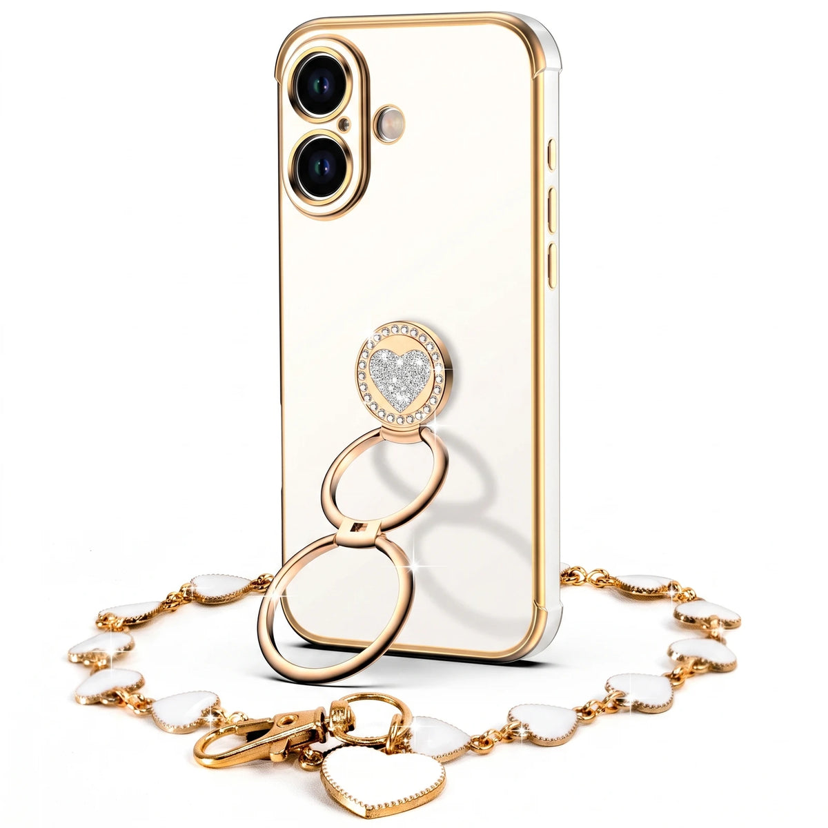 Classic Chrome coquette bling phone case for iPhone 16 with heart ring stand and wrist strap