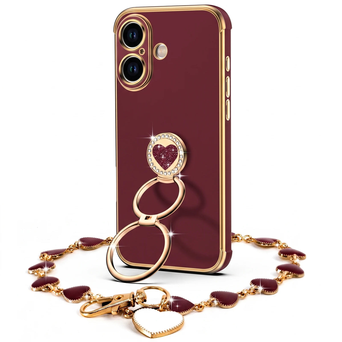 XYZ Classic Chrome Phone Case for iPhone 16 in Wine Red — glossy chrome finish with heart-shaped double ring stand