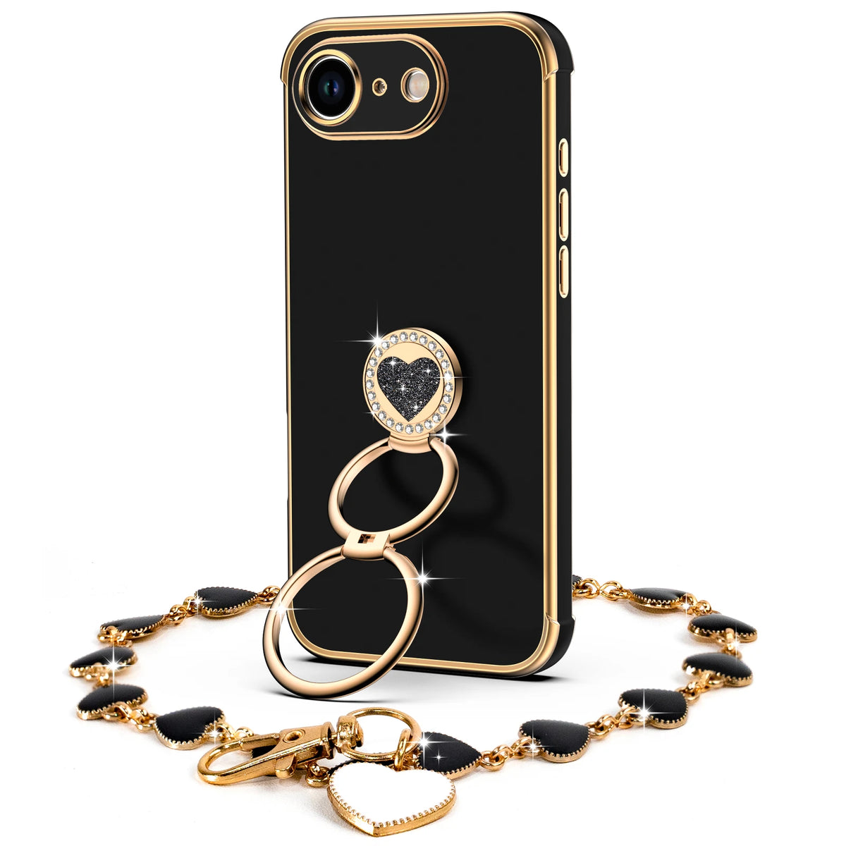 XYZ Classic Chrome Phone Case for iPhone 16e / SE4 in Black — glossy chrome finish with heart-shaped double ring stand