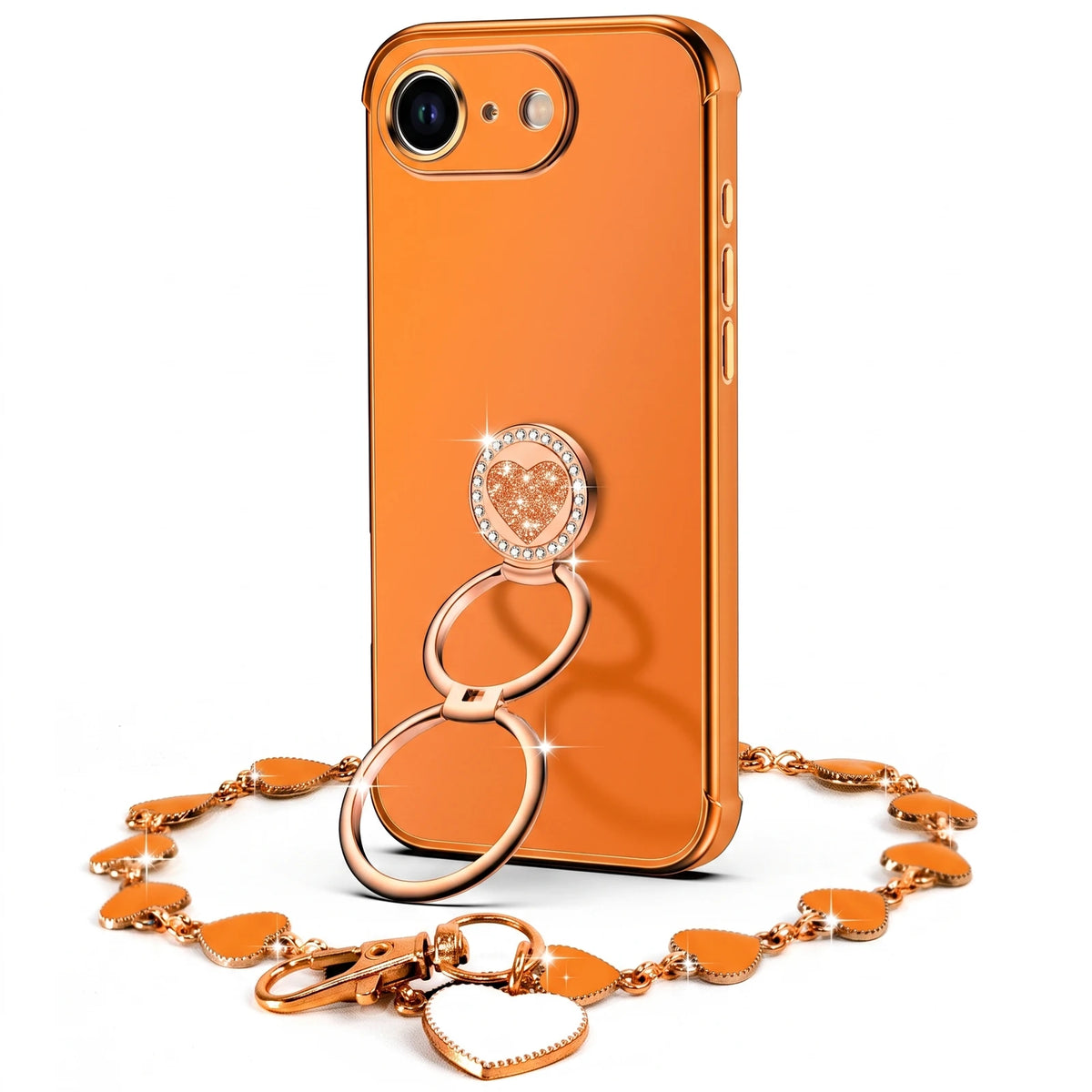 XYZ Classic Chrome Phone Case for iPhone 16e / SE4 in Orange — glossy chrome finish with heart-shaped double ring stand
