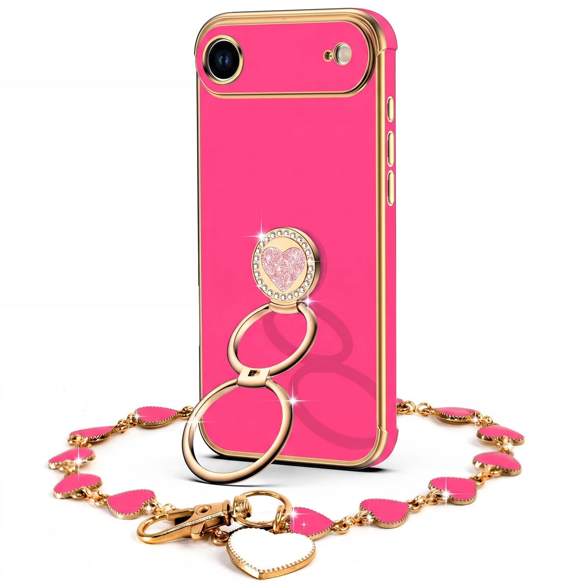 XYZ Classic Chrome Phone Case for iPhone 17 Air in Hot Pink — glossy chrome finish with heart-shaped double ring stand