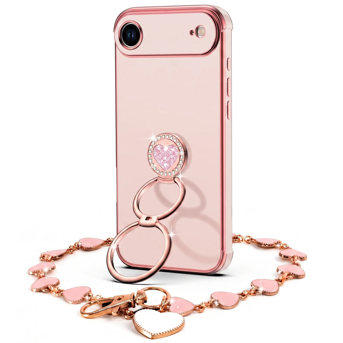 XYZ Classic Chrome Phone Case for iPhone 17 Air in Pink — glossy chrome finish with heart-shaped double ring stand