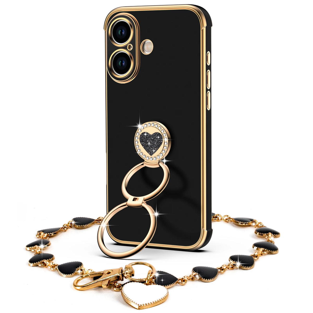 Classic Chrome coquette bling phone case for iPhone 17 with heart ring stand and wrist strap