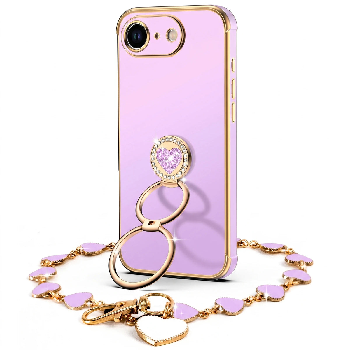 XYZ Classic Chrome Phone Case for iPhone 17e in Purple — glossy chrome finish with heart-shaped double ring stand