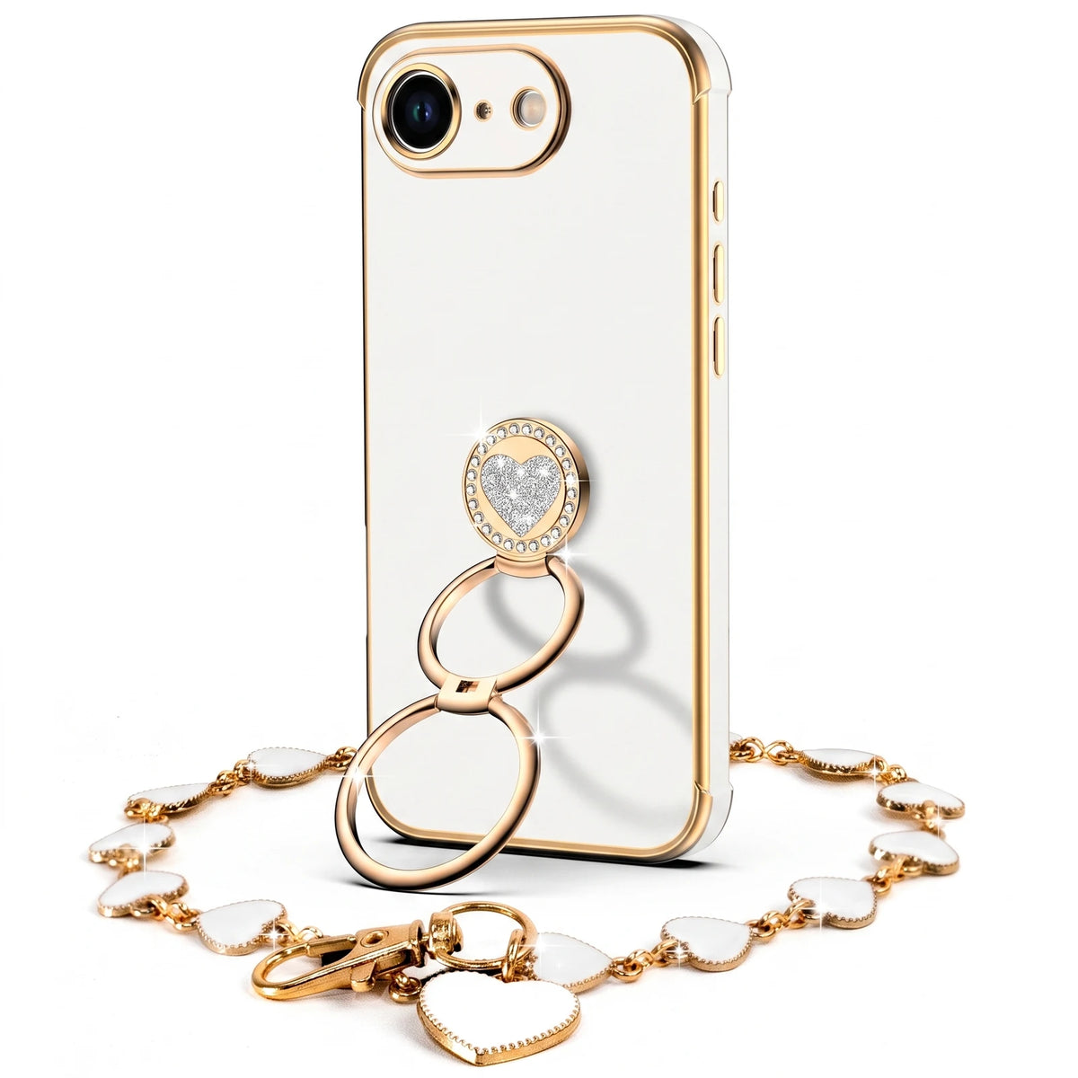 XYZ Classic Chrome Phone Case for iPhone 17e in White — glossy chrome finish with heart-shaped double ring stand