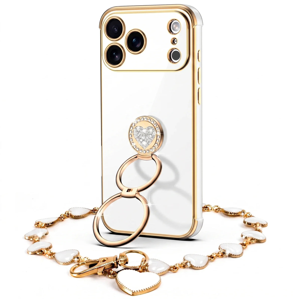 Classic Chrome coquette bling phone case for iPhone 18 Pro Max with heart ring stand and wrist strap
