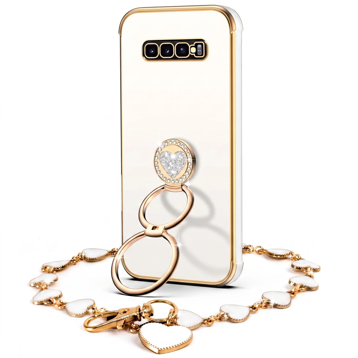 XYZ Classic Chrome Phone Case for Galaxy S10 Plus in White — glossy chrome finish with heart-shaped double ring stand