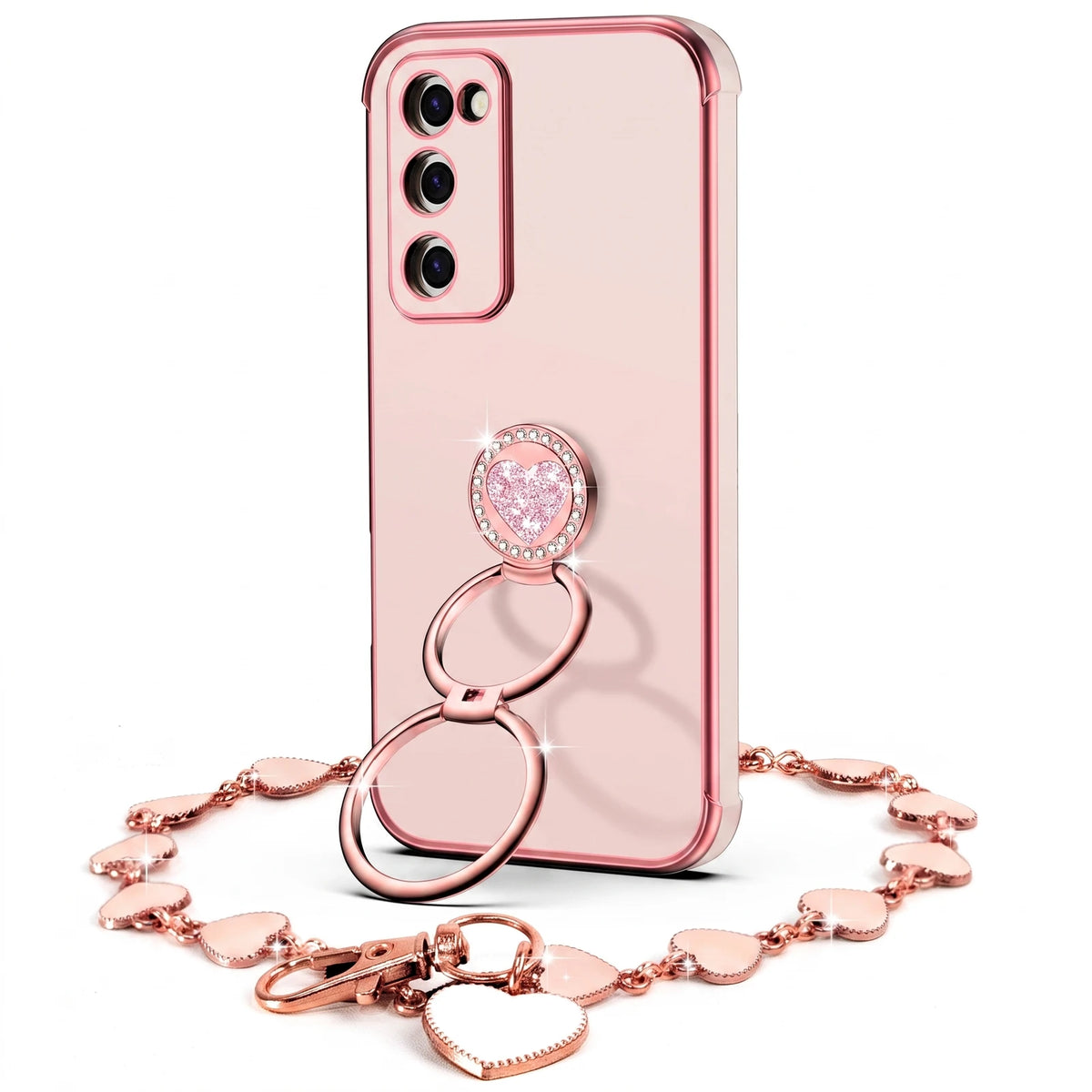 XYZ Classic Chrome Phone Case for Galaxy S20 FE in Pink — glossy chrome finish with heart-shaped double ring stand
