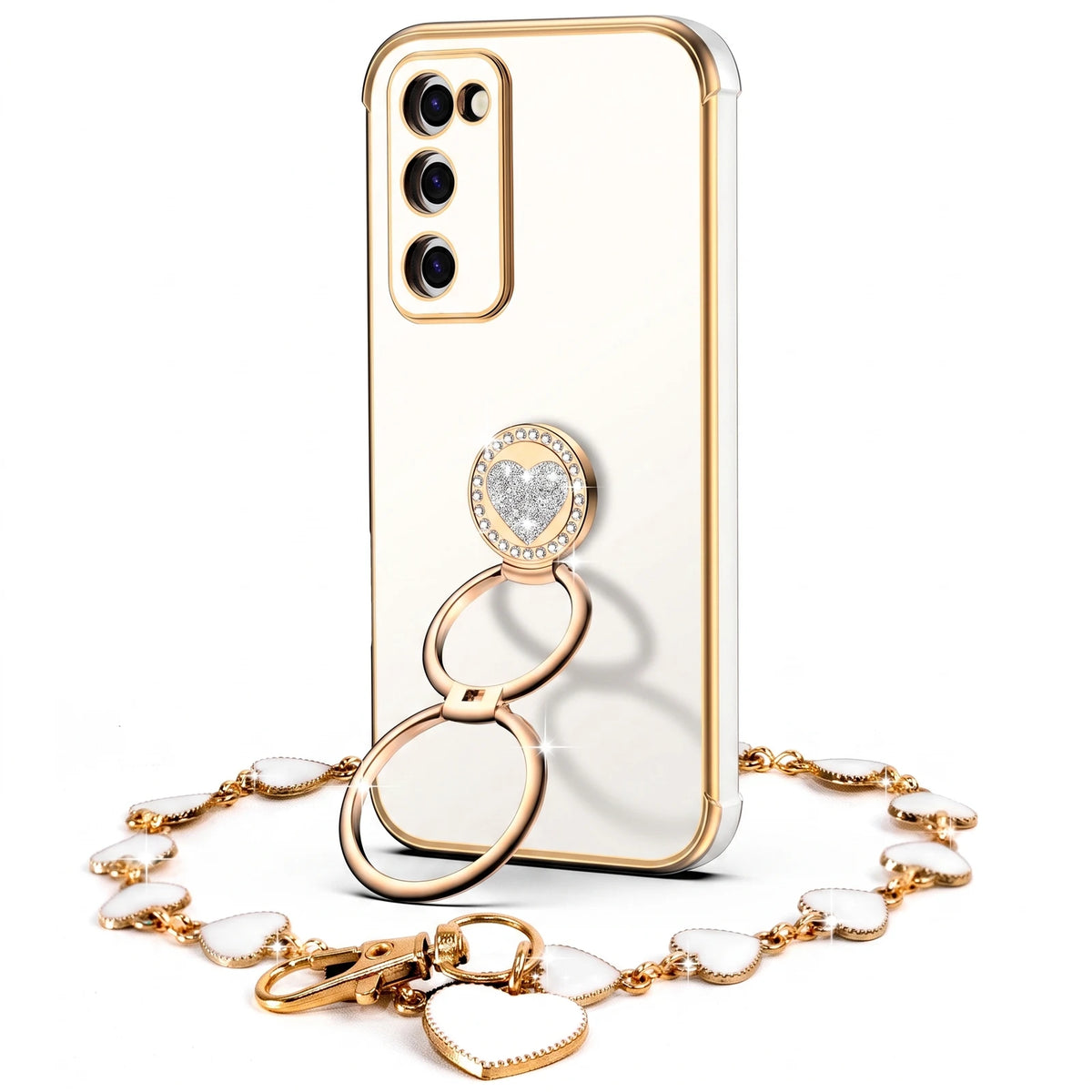 XYZ Classic Chrome Phone Case for Galaxy S20 FE in White — glossy chrome finish with heart-shaped double ring stand