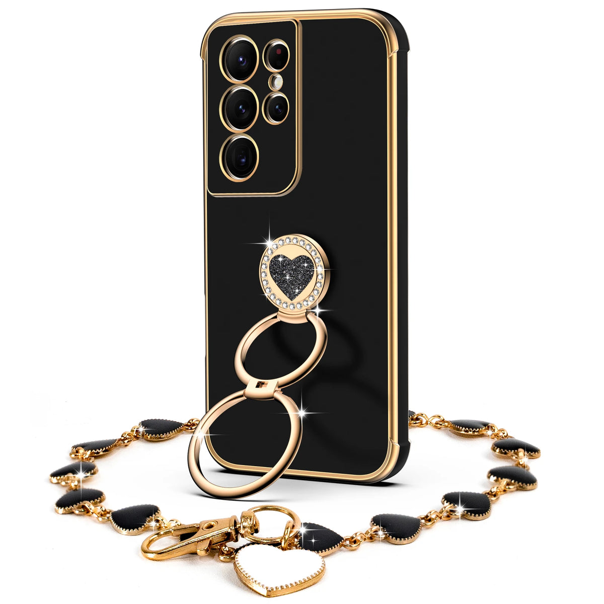 Classic Chrome coquette bling phone case for Galaxy S21 Ultra with heart ring stand and wrist strap