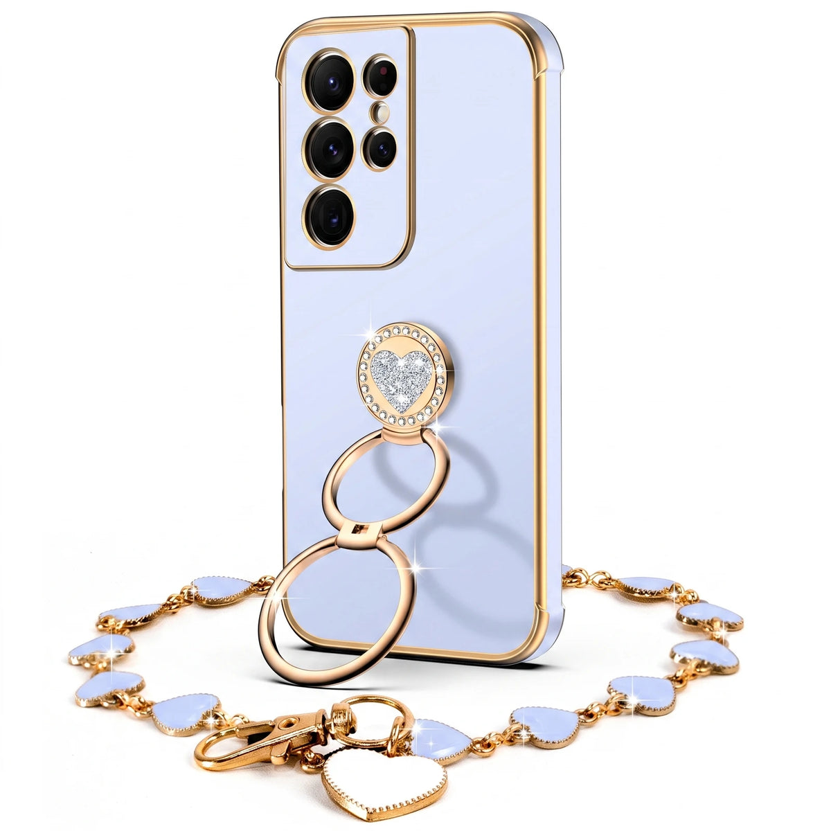 XYZ Classic Chrome Phone Case for Galaxy S21 Ultra in Blue — glossy chrome finish with heart-shaped double ring stand