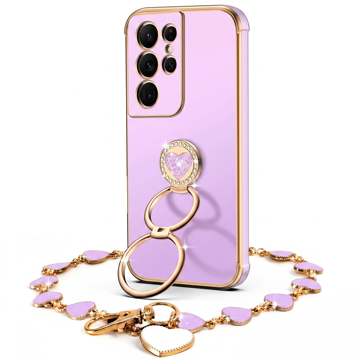 XYZ Classic Chrome Phone Case for Galaxy S21 Ultra in Purple — glossy chrome finish with heart-shaped double ring stand