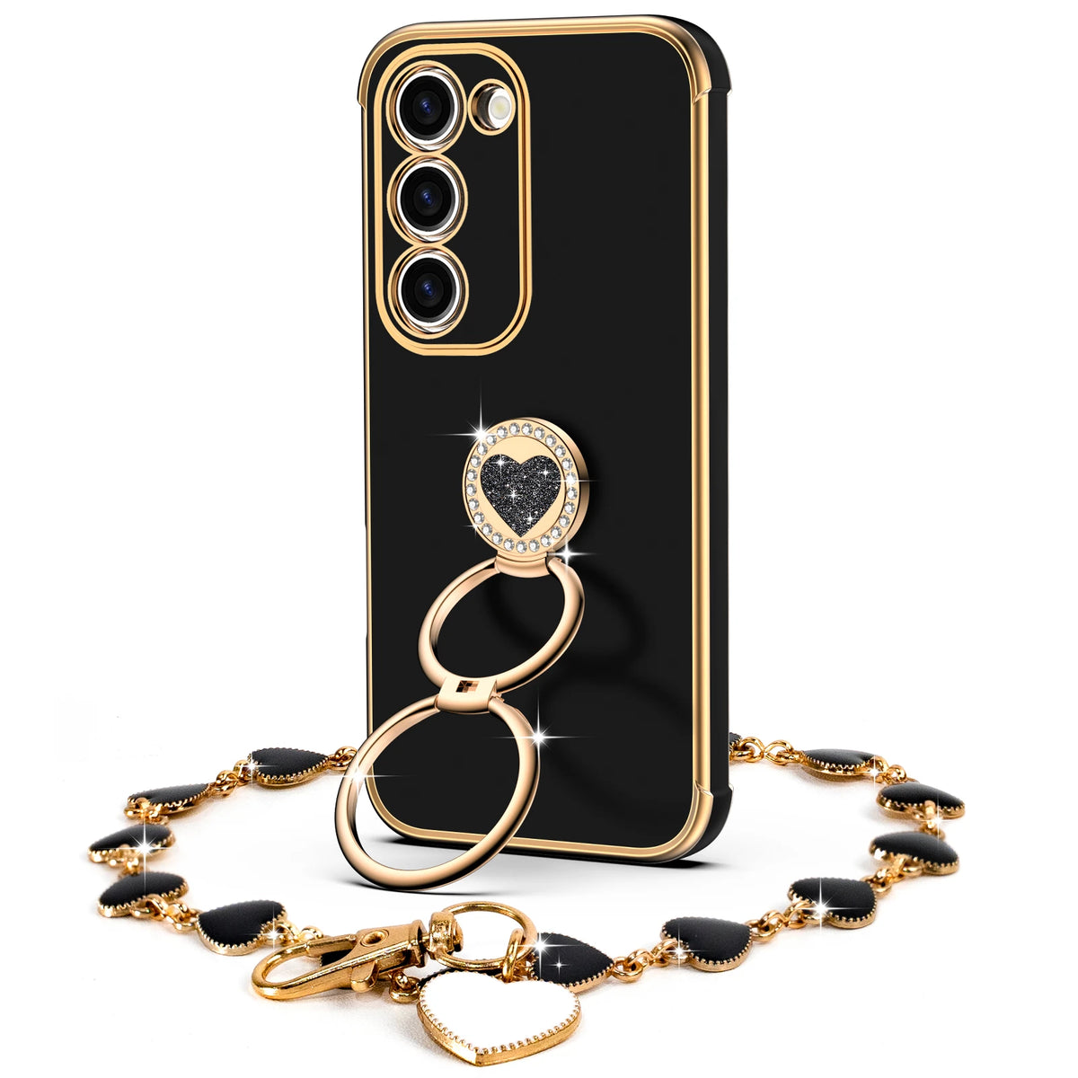 Classic Chrome coquette bling phone case for Galaxy S23 with heart ring stand and wrist strap