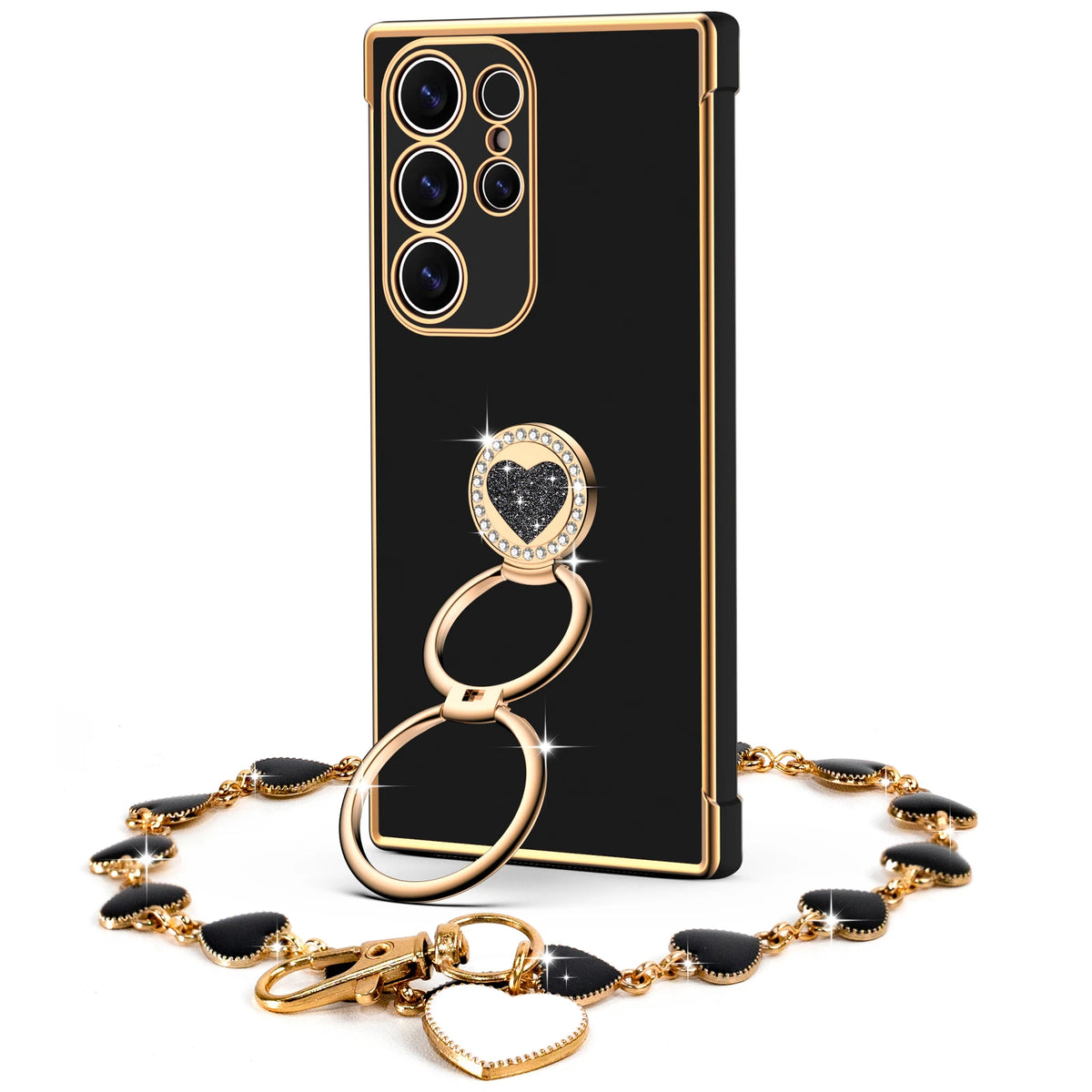 Classic Chrome coquette bling phone case for Galaxy S24 Ultra with heart ring stand and wrist strap