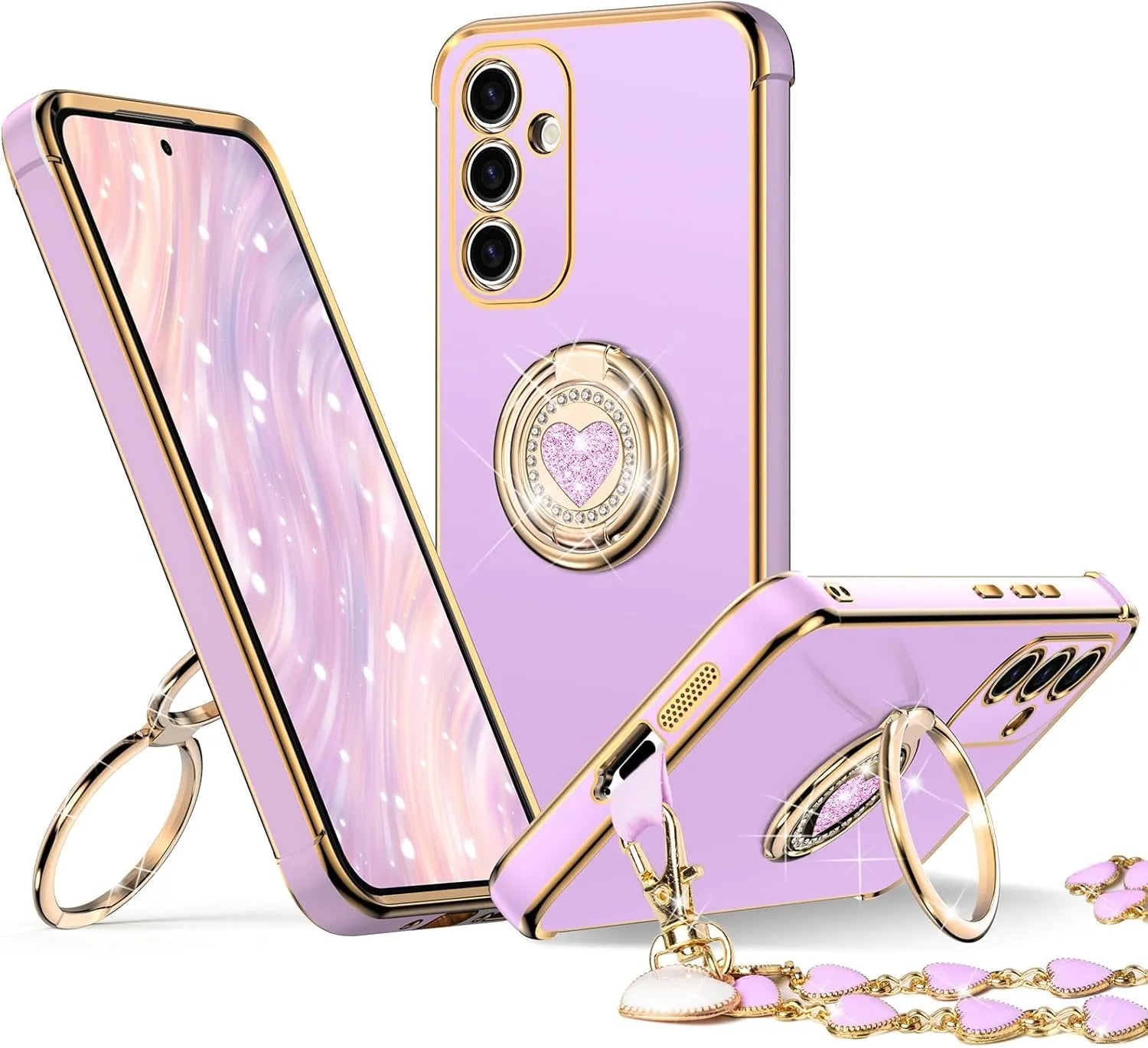 Purple phone case with gold accents and heart design on a white background