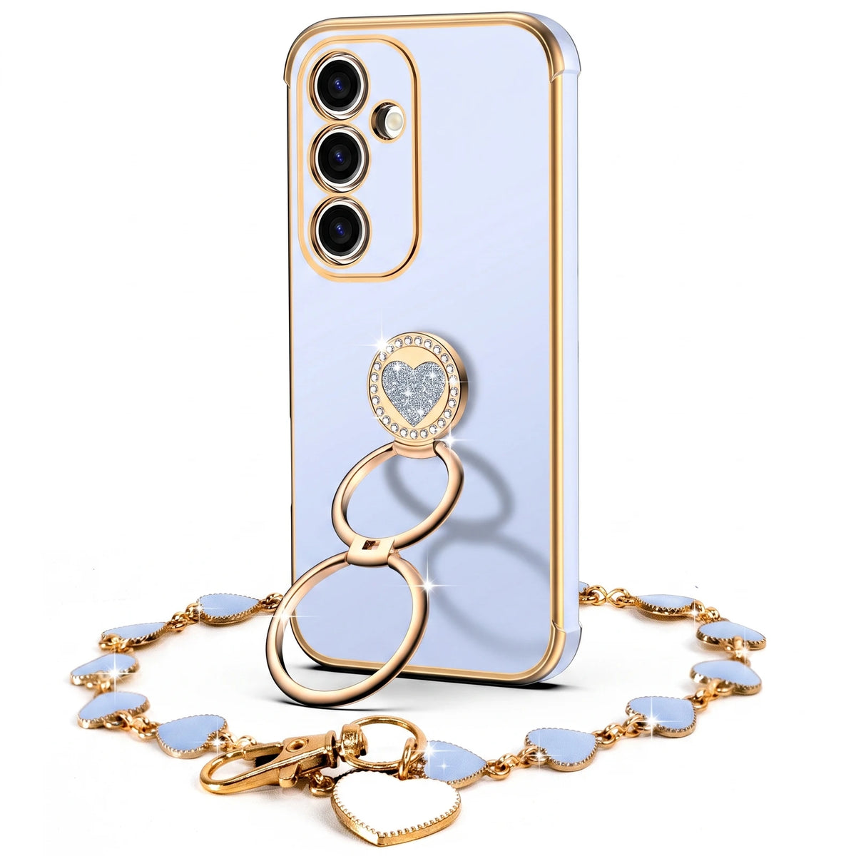 Classic Chrome coquette bling phone case for Galaxy S25 Plus with heart ring stand and wrist strap