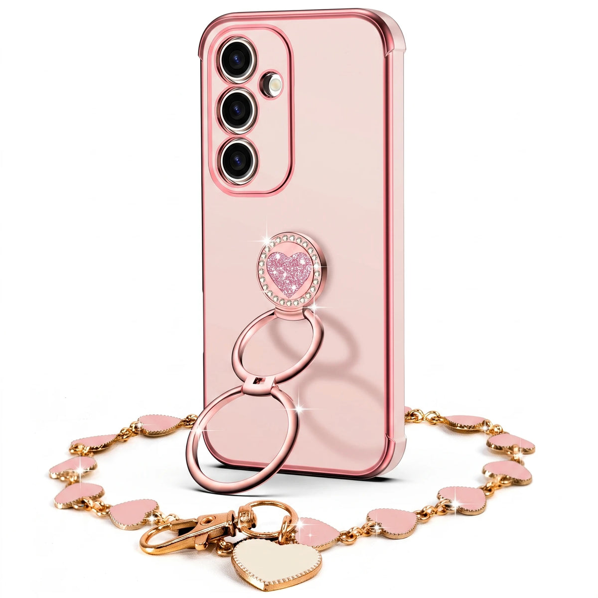 Classic Chrome coquette bling phone case for Galaxy S25 with heart ring stand and wrist strap