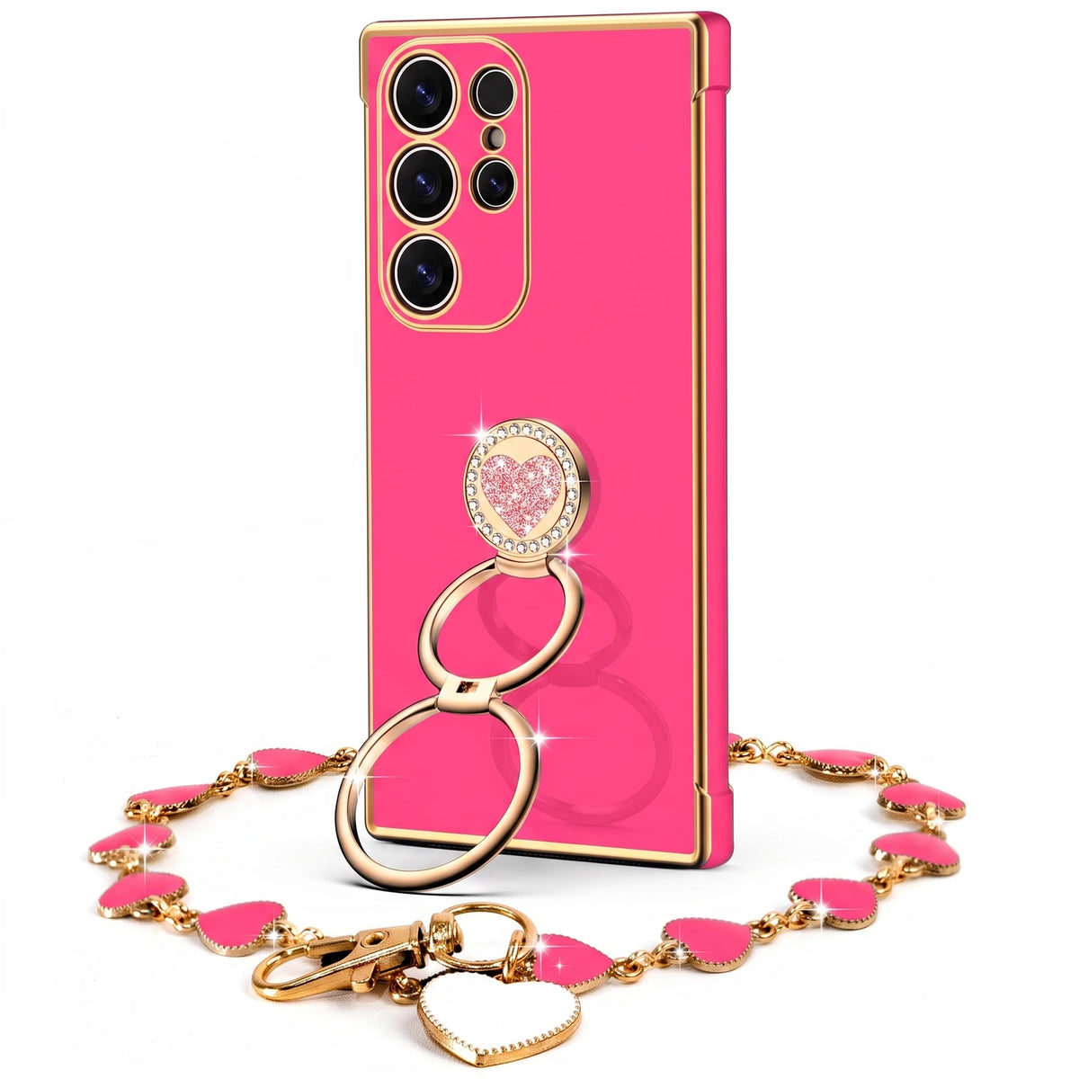 XYZ Classic Chrome Phone Case for Galaxy S26 Ultra in Hot Pink — glossy chrome finish with heart-shaped double ring stand