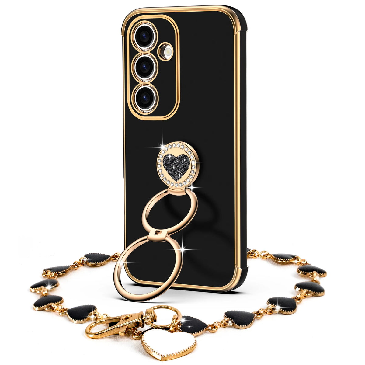 Classic Chrome coquette bling phone case for Galaxy S26 with heart ring stand and wrist strap