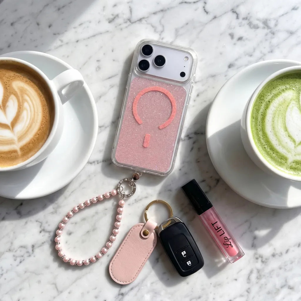 XYZ Cosmic Pearls Phone Case for iPhone 17 Pro in Pink — pearlescent glitter finish with MagSafe compatibility all-groups