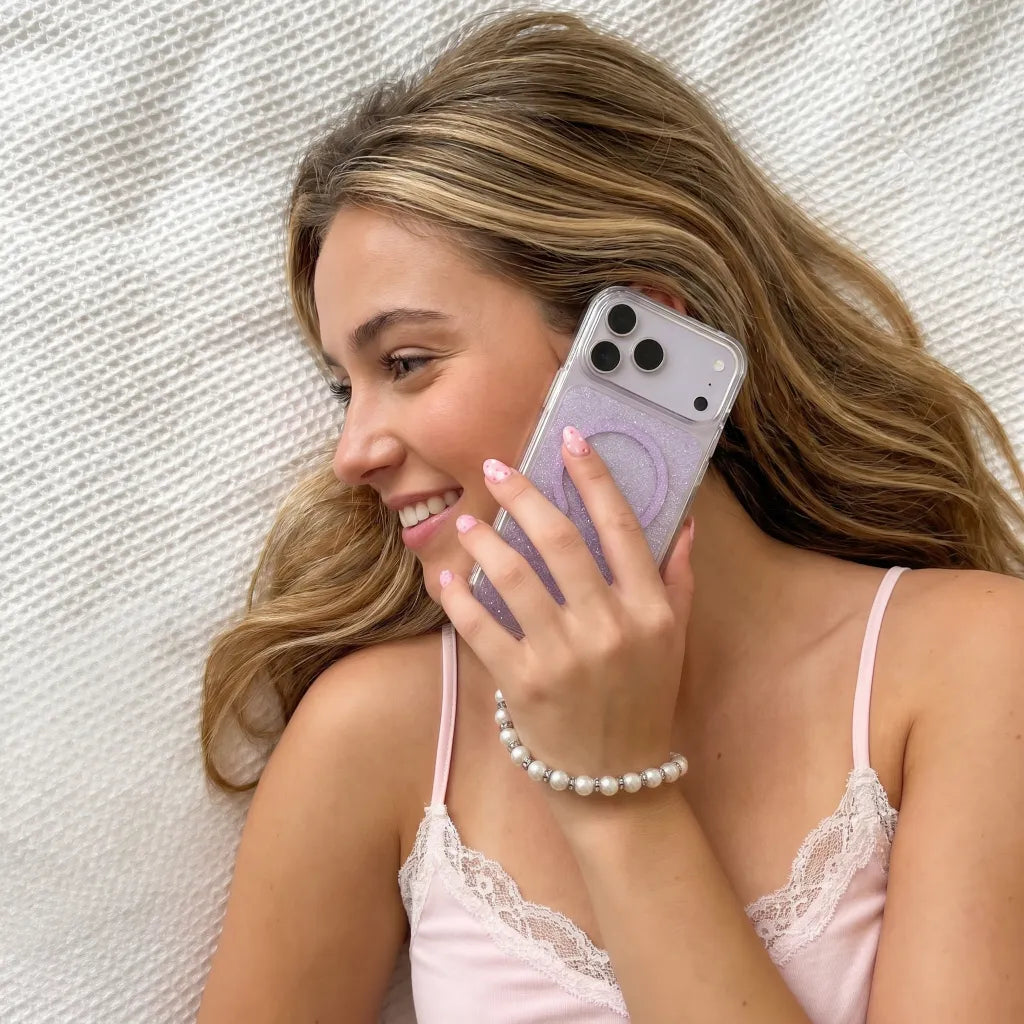 XYZ Cosmic Pearls Phone Case for iPhone 17 Pro in Purple — pearlescent glitter finish with MagSafe compatibility all-groups