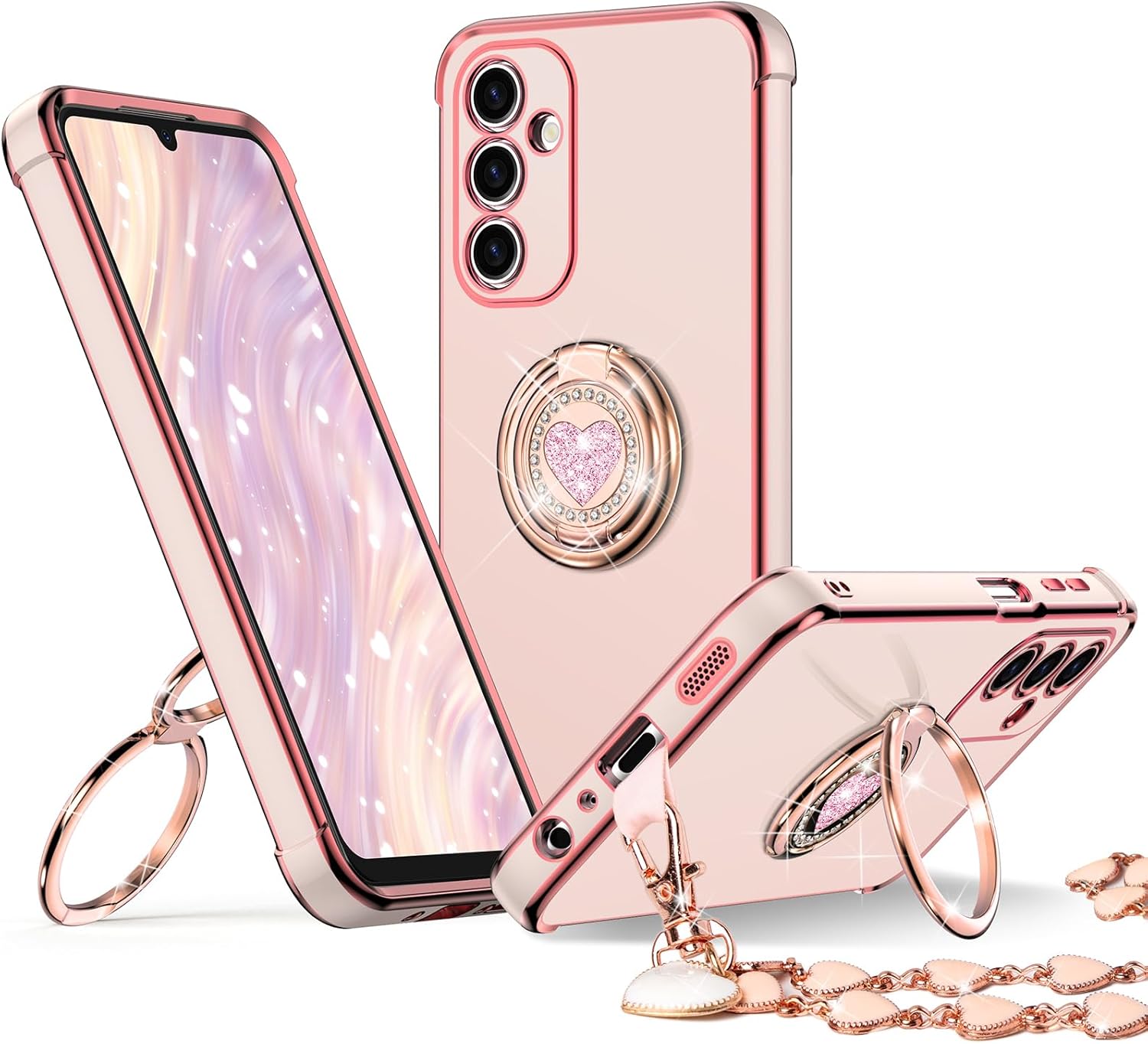 XYZ Classic Chrome Phone Case for Samsung Galaxy A17 in Pink — heart-shaped double ring stand and glossy chrome design