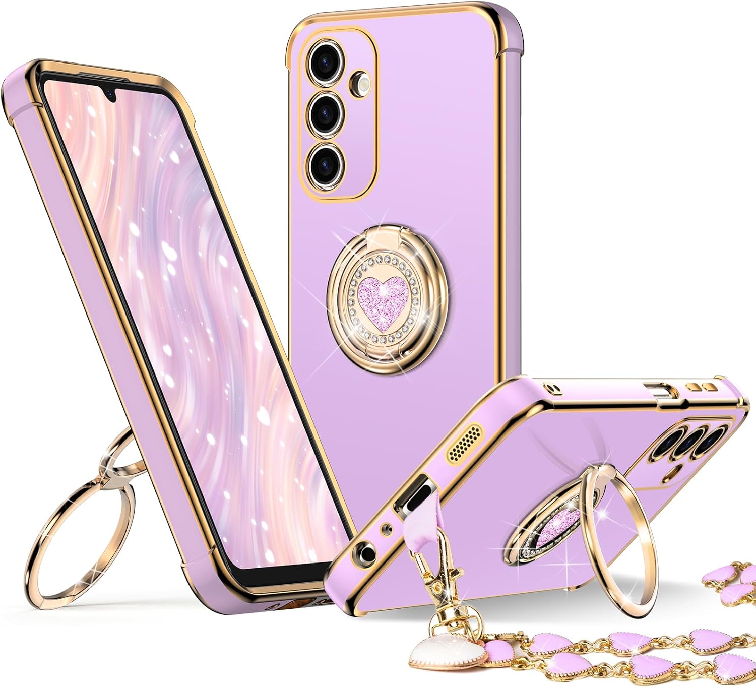XYZ Classic Chrome Phone Case for Samsung Galaxy A17 in Purple — heart-shaped double ring stand and glossy chrome design