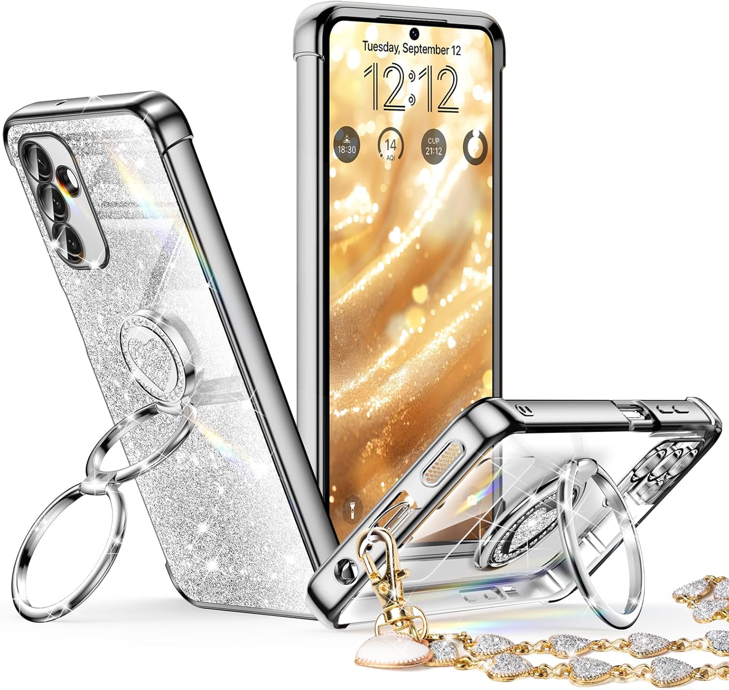 XYZ Classic Chrome Phone Case for Samsung Galaxy A17 in Silver — heart-shaped double ring stand and glossy chrome design