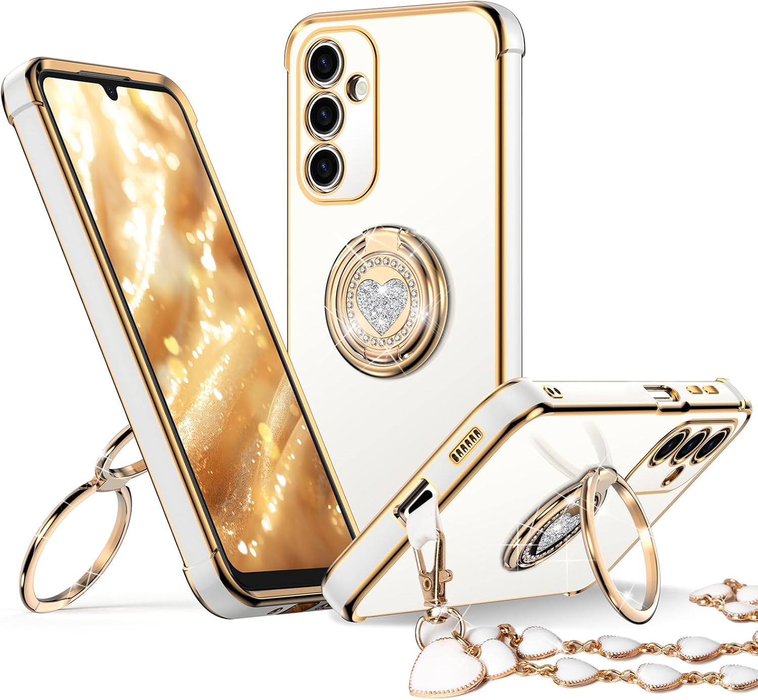 XYZ Classic Chrome Phone Case for Samsung Galaxy A17 in White — heart-shaped double ring stand and glossy chrome design