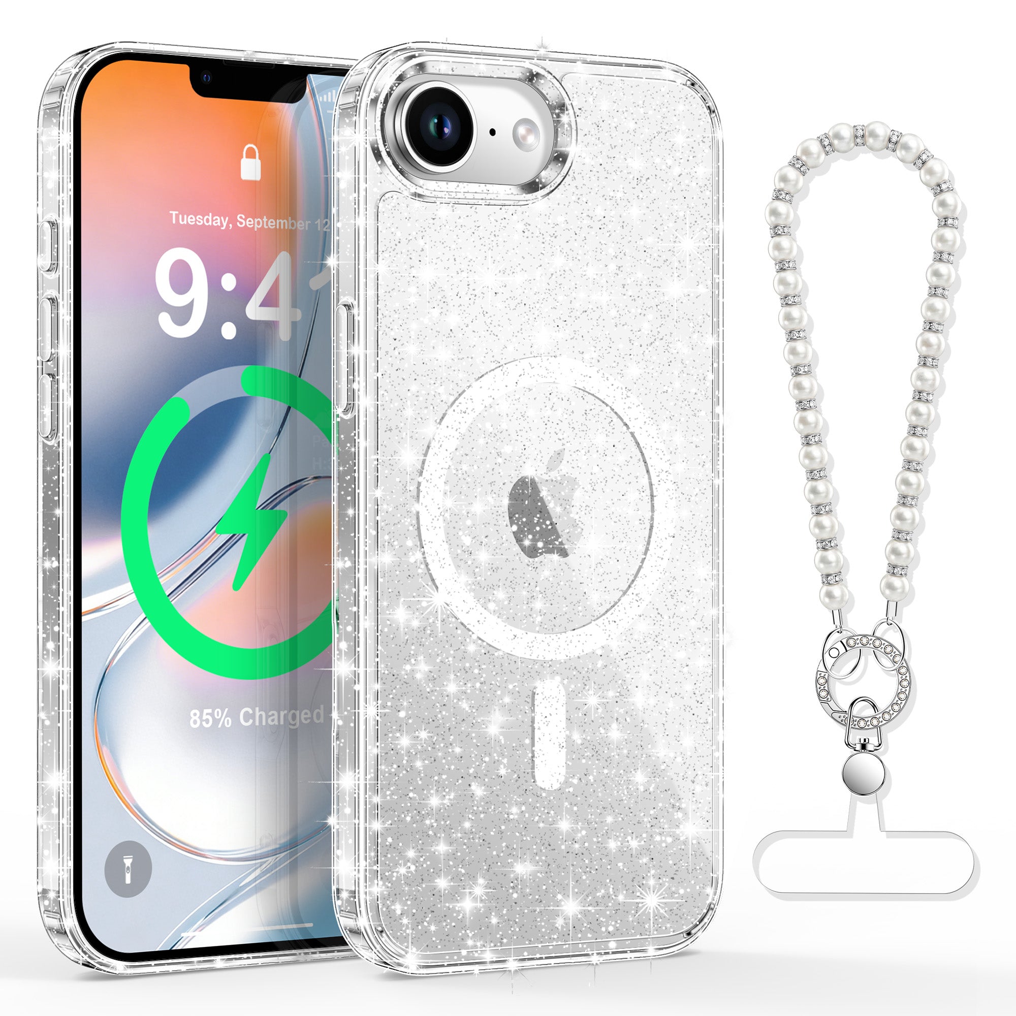 XYZ Cosmic Pearls Phone Case for iPhone 17 in Clear — pearlescent glitter finish with MagSafe compatibility