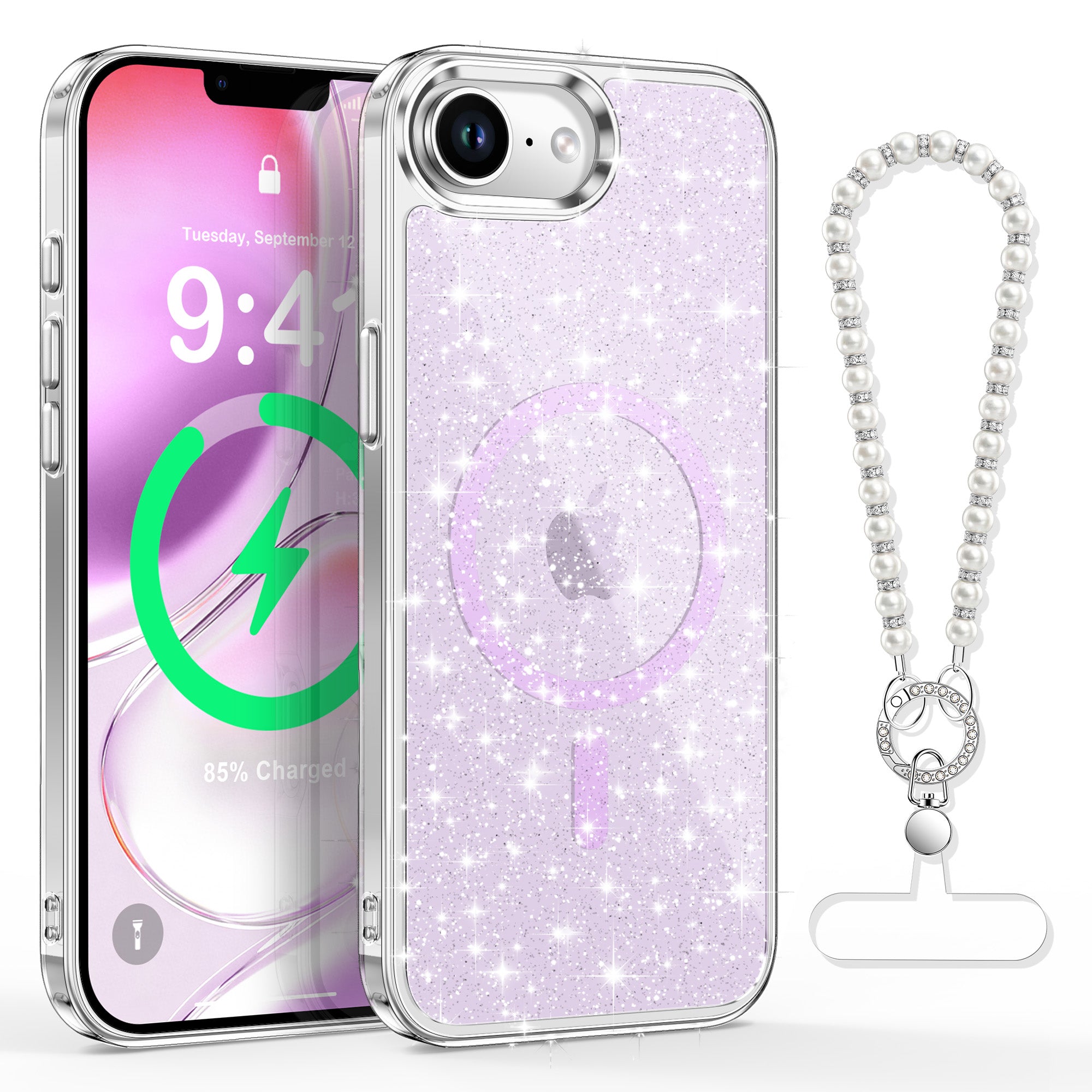 XYZ Cosmic Pearls Phone Case for iPhone 17 in Purple — pearlescent glitter finish with MagSafe compatibility