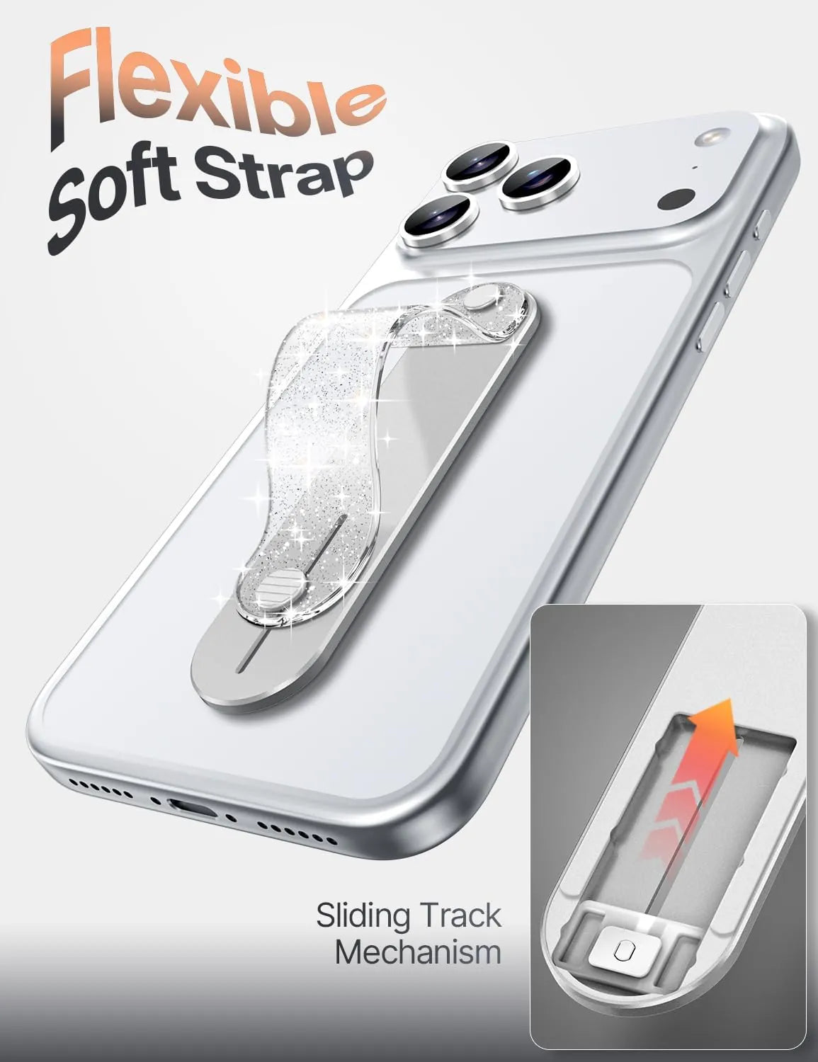 GripMate Slim Glitter Silver flexible soft strap on a sliding metal track