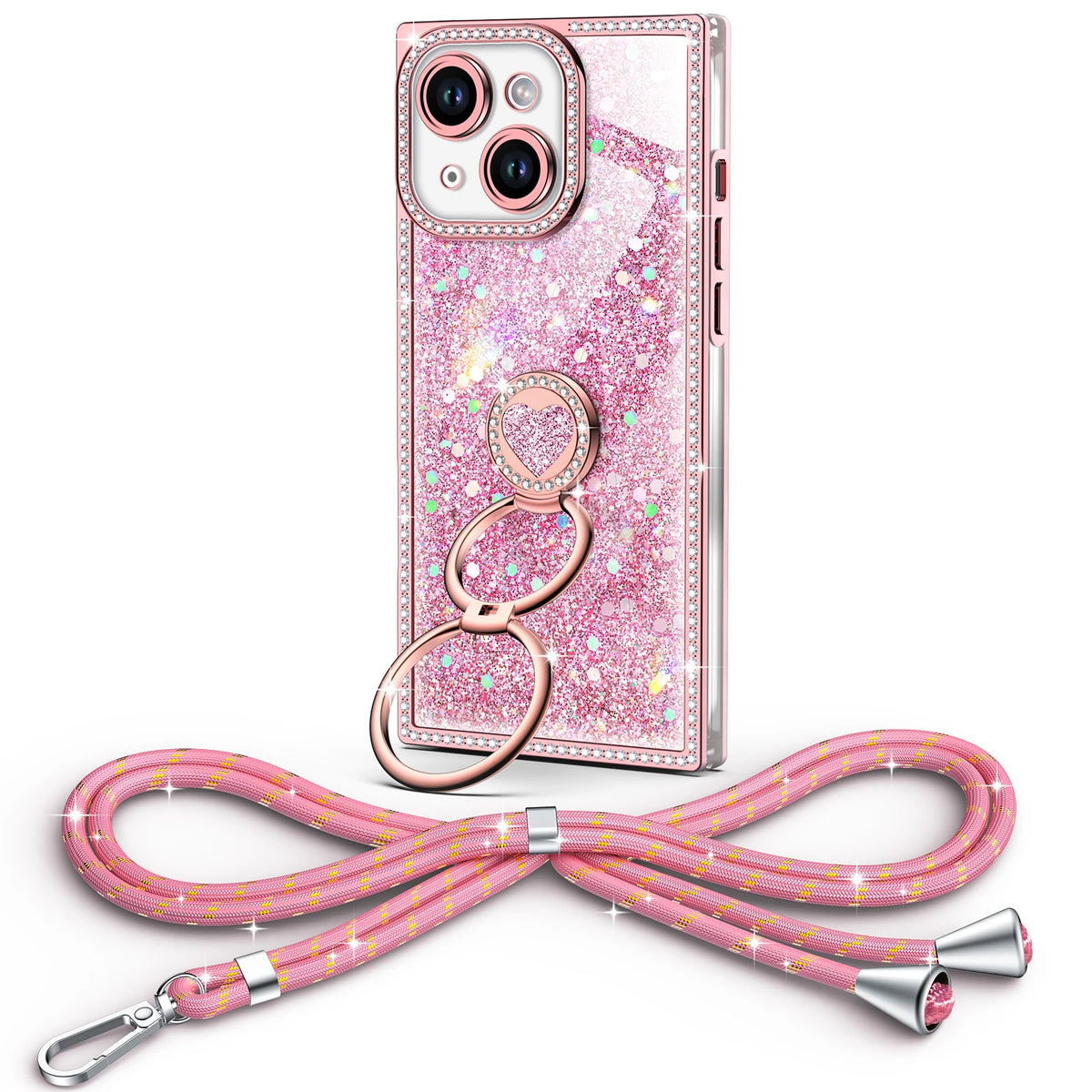 Sparkle Stones Y2K rhinestone phone case for iPhone 13 with ring stand and crossbody strap