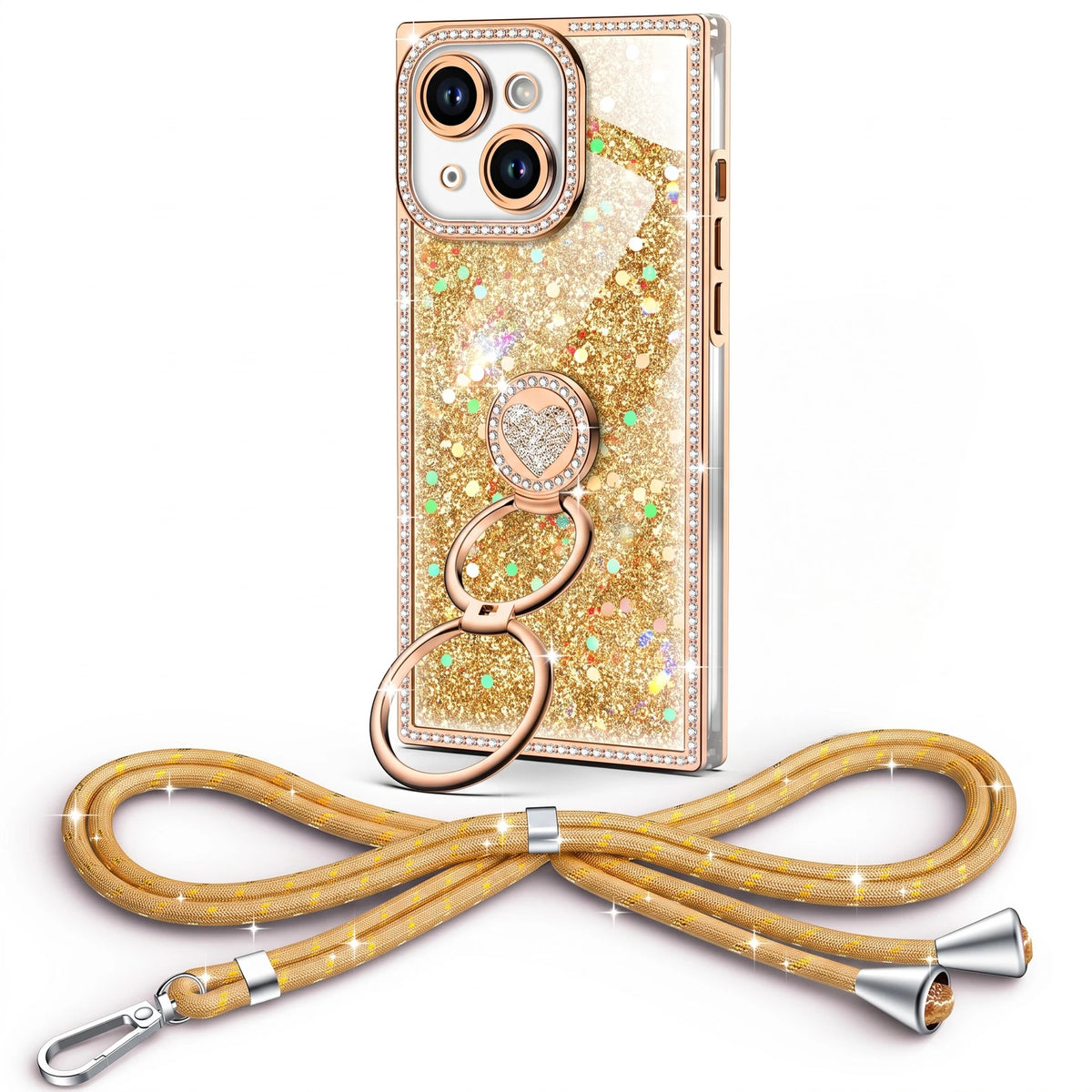 Sparkle Stones Y2K rhinestone phone case for iPhone 15 Plus with ring stand and crossbody strap