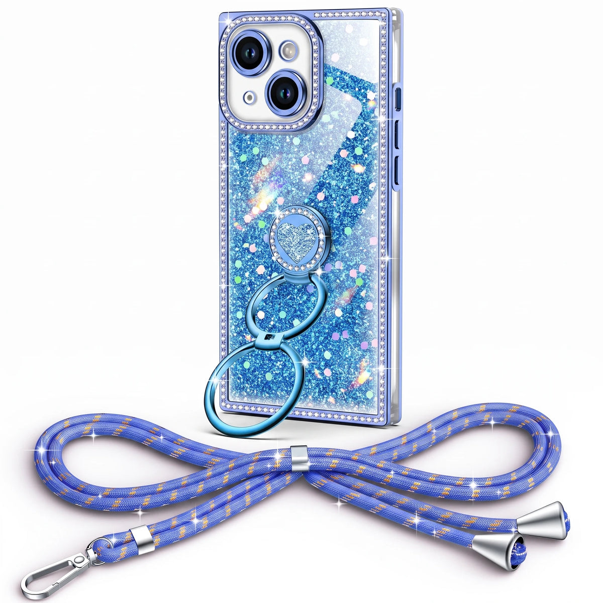 Sparkle Stones Y2K rhinestone phone case for iPhone 15 with ring stand and crossbody strap